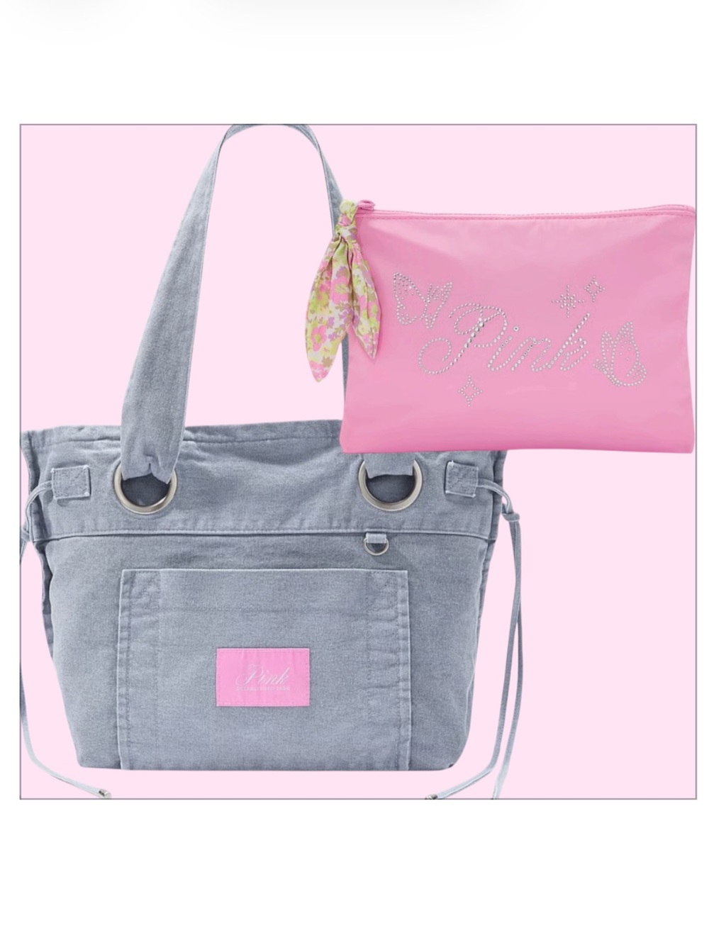 PINK BRAND NEW! Large DUSTY IRIS Canvas Flat-Bottom Tote Bag & Bling Makeup Bag